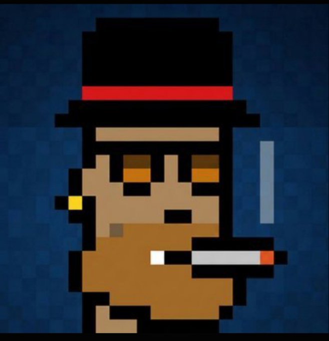 A pixel art character wearing a black top hat with a red band, smoking a cigarette, with a gold earring, set against a dark blue background.