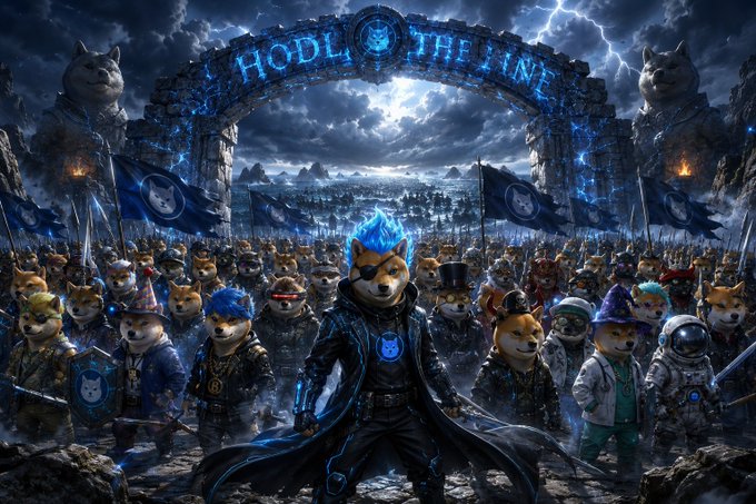 ursa, a Shiba Inu dog with blue hair and a black coat, stands in front of a blue archway with the words "HODL THE LINE" written on it, surrounded by other dogs in various poses.