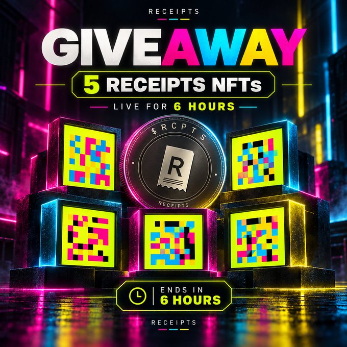 A promotional graphic for a 'RECEIPTS GIVEAWAY' advertising '5 RECEIPTS NFTs' with a countdown timer showing 'ENDS IN 6 HOURS'.