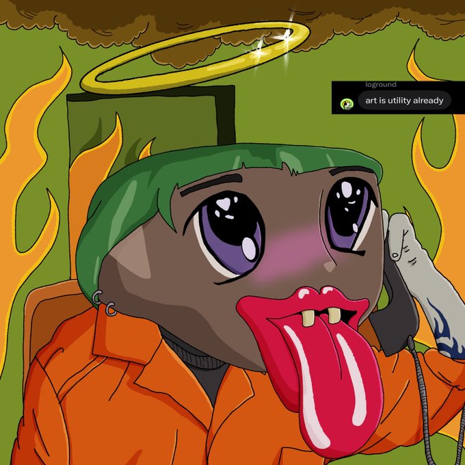 A cartoon character with dark skin, green hair, a halo, and large purple eyes wearing an orange jumpsuit, sticking out a long red tongue, with flames in the background and a chat message reading 'art is utility already'.