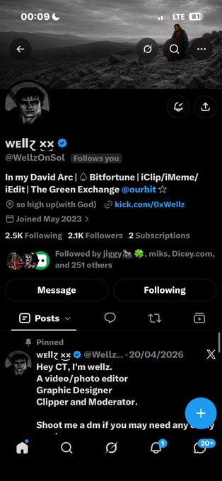A Twitter/X profile screenshot for user 'wellz xx' (@WellzOnSol), showing 2.5K Following, 2.4K Followers, and a pinned post introducing themselves as 'A video/photo editor, Graphic Designer, Clipper and Moderator' with a kick.com link.