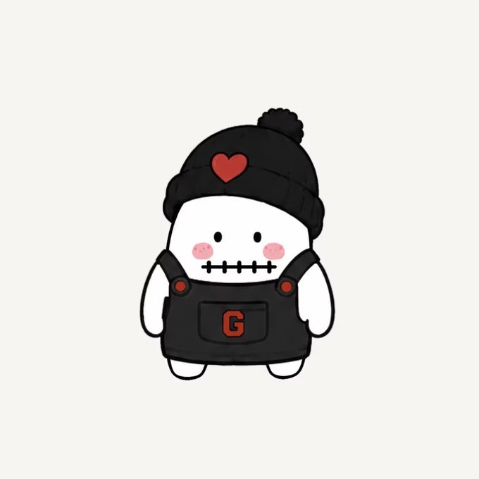 A cute cartoon character wearing a black beanie with a red heart and black overalls with a red 'G' logo, featuring stitched mouth details.