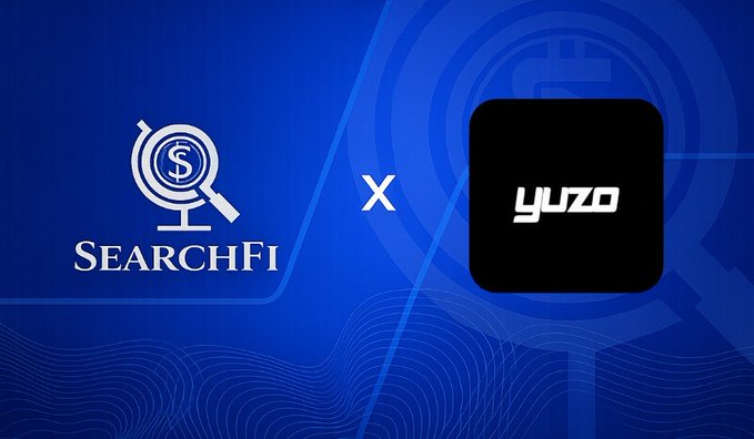 A promotional banner showing a partnership between SearchFi and Yuzo on a blue background.