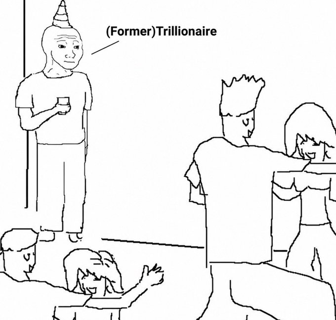 A simple line drawing shows a somber-looking figure wearing a party hat, holding a cup, and labeled "(Former)Trillionaire," standing off to the side while others socialize and appear to dance in the foreground, humorously depicting someone who has lost their trillionaire status at the party.
