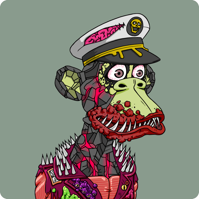 A grotesque cartoon illustration of a zombified ape-like creature wearing a naval officer's cap, featuring exposed pink brains, sharp fangs, and a spiked collar.