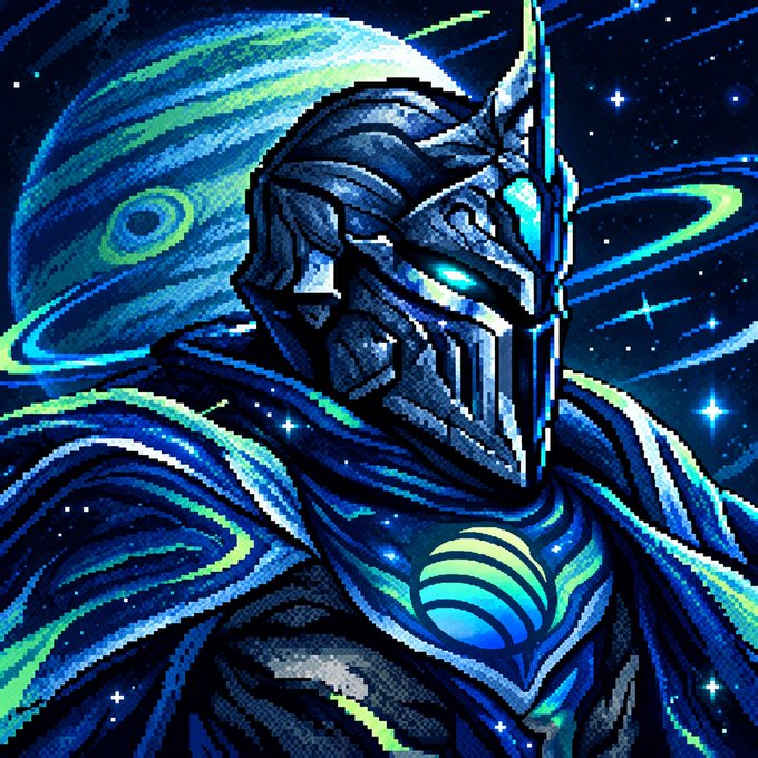 A digital pixel-art illustration depicts a futuristic, armored cosmic entity with a spiked metallic helmet, glowing blue eyes, and a striped orb on its chest, set against a swirling starry backdrop.