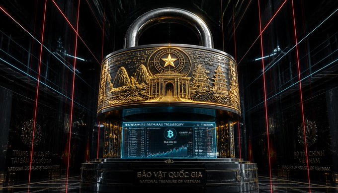 A massive golden padlock engraved with Vietnamese landmarks sits atop a screen displaying "164,086.56" for the BNB/USDT ticker, symbolizing Vietnam's new regulatory crackdown as the country moves to license its 17 million crypto users under Decree 284/2026. The padlock imagery visually reinforces the message of impending fines up to 200M VND ($8.4K) and site takedowns for unlicensed crypto operators in the nation's $100 billion market.