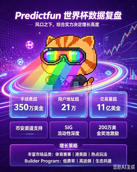 A vibrant promotional graphic for 'Predictfun 世界杯数据复盘' featuring a pixel-art lion with rainbow glasses and laser eyes, displaying stats: 350万美金 fees, 21万 user addresses, 11亿美金 trading volume, with SIG liquidity and 200万美金 prize pool.