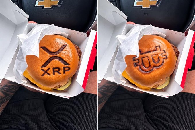 Two photos of a burger in a box featuring custom branded buns branded with the XRP logo on the left and another cryptocurrency symbol on the right.