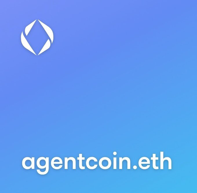 A promotional graphic for agentcoin.eth featuring a white geometric diamond-like logo on a blue gradient background.
