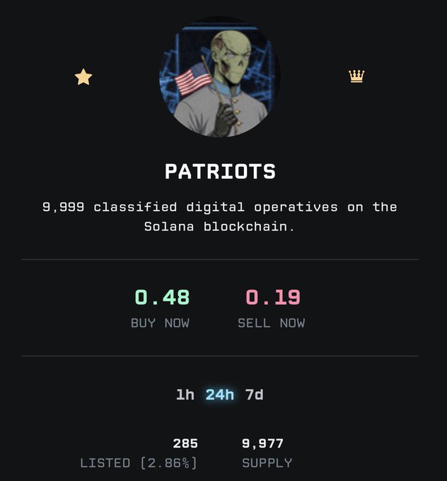 The image shows a post about digital assets, specifically related to the American cryptocurrency called "Solana." There are two people standing up with their heads tilted back against a black background; they appear as anthropomorphized cartoon figures. The main characters' names are Patriots and Solana, both represented in the title of the post. They are shown near a banner promoting an event on the website. The text from the post indicates that they have just bought an NFT (Digital Asset) worth 0.49 Bitcoins at the current price of $0.79 per Bitcoin.