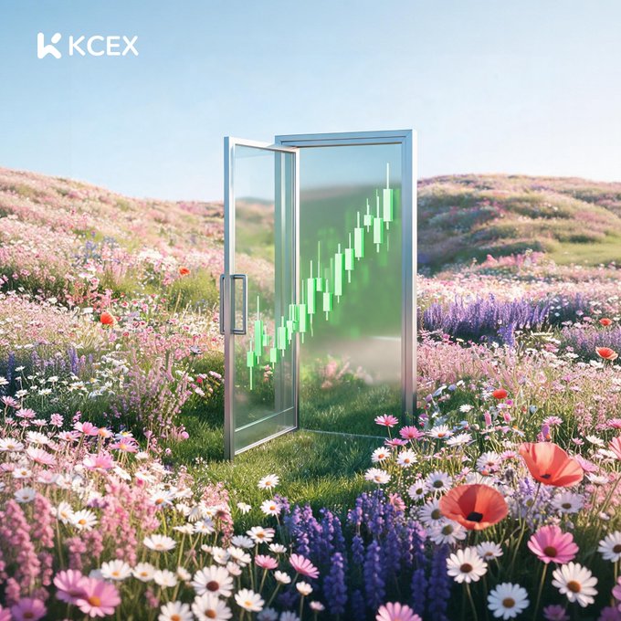 The image shows a glass door standing ajar in a vibrant wildflower meadow, with a green candlestick chart overlaid on the open doorway, visually representing a bullish market breakout. The "KCEX" logo appears in the top left corner, tying the scene to the caption "GM, door's open. all green" — symbolizing an open path to positive (green) trading momentum.