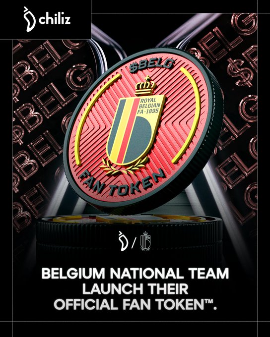 The image features a red and black coin with a gold emblem, which appears to be a fan token from Belgium's national football team. The coin is placed on top of a stack of other coins, suggesting that it might be a promotional item or a collector's edition piece. The text in the image reads "Belgium National Team Launch Their Official Fan Tokens" and "@RoyalBelgianFA Royal Belgian Football Association is going onchain. The federation has selected The Chiliz Group to power their digital fan ecosystems." This implies that the coin might be used as a token for fans of Belgium's national football team, allowing them to access exclusive content or benefits related to the team.