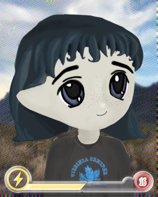 A stylized 3D character with dark blue hair, large eyes, and a black 'VIRGINIA CREEPER' shirt, featuring a progress bar and '16' button at the bottom.