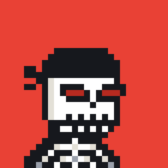 A pixel art illustration of a skeleton figure with red glowing eyes and a cigarette in its mouth, set against a solid red background.