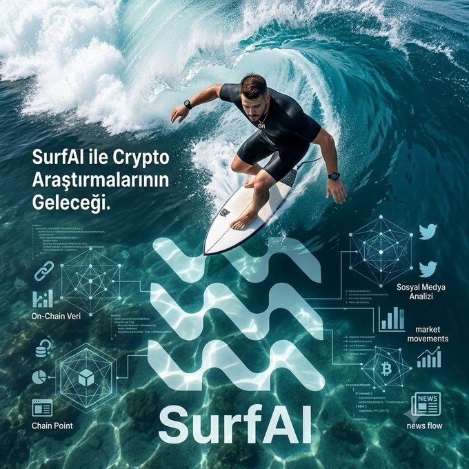 A surfer rides a massive wave above an underwater graphic showcasing the "SurfAI" logo and data icons representing on-chain data, social media analysis, market movements, and news flow—visually symbolizing how the platform helps users "ride" the overwhelming flood of crypto information by aggregating multiple research sources into one platform, as described in the post.