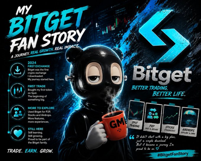 A promotional graphic titled 'MY BITGET FAN STORY' featuring a bear mascot in a suit holding a 'GMI' mug, advertising Bitget exchange services like Spot Trading, P2P, Stocks, and Airdrops with the tagline 'Bitget Better Trading, Better Life'