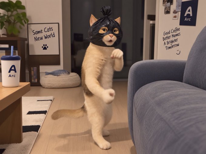 A creative advertisement featuring an orange and white cat standing on its hind legs wearing a small black trash bag as a hat, surrounded by signs reading 'Same Cats New World' and 'Good Coffee Better Memes A Brighter Tomorrow' for the brand 'Arc'.