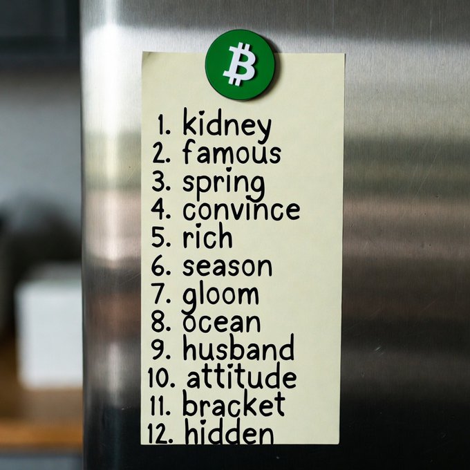 A Bitcoin seed phrase note attached to a refrigerator with a green Bitcoin logo magnet, displaying 12 words: kidney, famous, spring, convince, rich, season, gloom, ocean, husband, attitude, bracket, hidden.