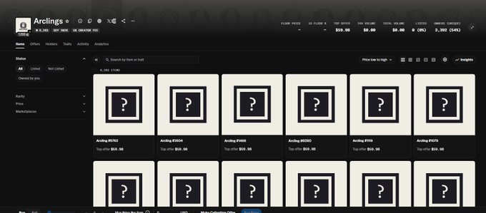 A dark-themed NFT marketplace dashboard labeled "Arclings" displays a grid of items with question mark placeholders and top offer prices like "Top offer: $58.98" and "Top offer: $50.98".