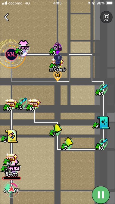 A mobile game screenshot showing a map interface with various icons, including 'GOAL', 'REPLICA', and 'SKILL' markers, with Japanese text '残り6分' (6 minutes remaining) and a score of 10.