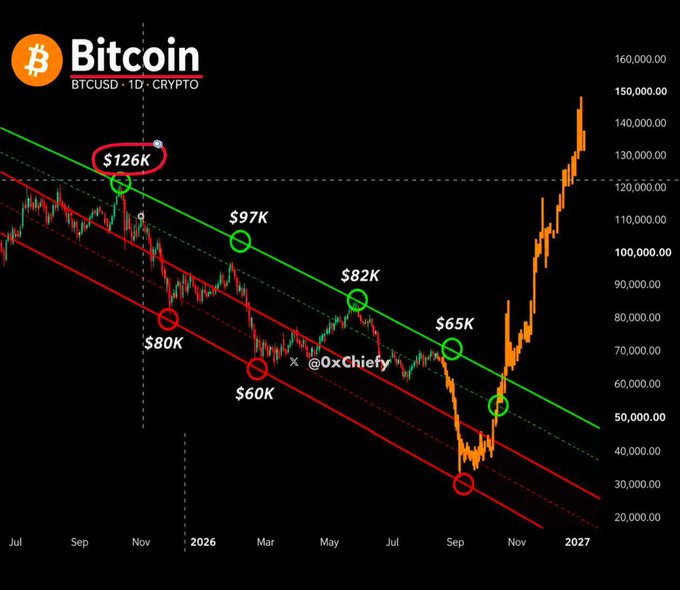A Bitcoin (BTCUSD) price chart on a 1D timeframe showing a downward channel with resistance levels at $126K, $97K, $82K, and $65K, and support levels at $80K and $60K, by @0xChiefy.