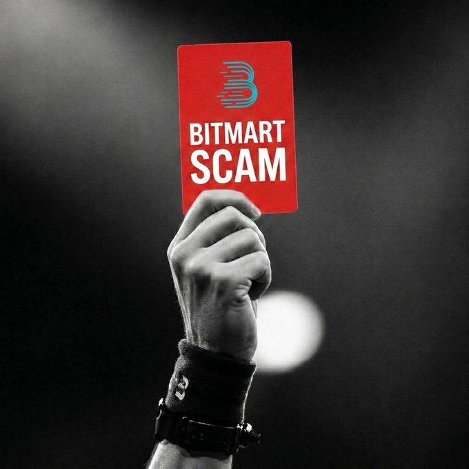 A hand holds up a red card labeled "BITMART SCAM" with the BitMart logo, symbolizing the poster's accusation against the cryptocurrency exchange and its team members (@BitMartExchange, @sheldonbitmart, @BitMartUS, @50Nent, @Shea_BitMart) for fraudulent activity, asserting that "God's justice" will punish those who allegedly scammed investors.