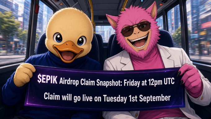 Two cartoon mascots, a yellow duck and a pink cat wearing sunglasses, sit on a bus holding a banner that reads '$EPIK Airdrop Claim Snapshot: Friday at 12pm UTC - Claim will go live on Tuesday 1st September'.