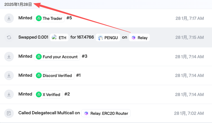 A transaction history interface dated 2025年1月28日 showing NFT mints ('The Trader #5', 'Fund your Account #3', 'Discord Verified #1', 'X Verified #2'), an ETH to PENGU swap on Relay, and a 'Called Delegatecall Multicall on Relay: ERC20 Router' call.