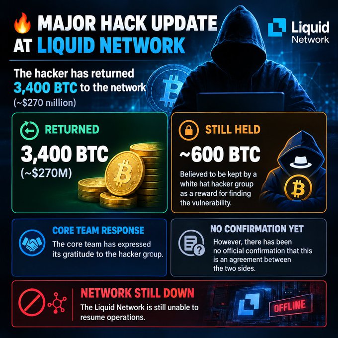 An infographic titled 'MAJOR HACK UPDATE AT LIQUID NETWORK' details the return of 3,400 BTC (~$270 million) by a hacker, while ~600 BTC are still held, noting the network is 'OFFLINE'.