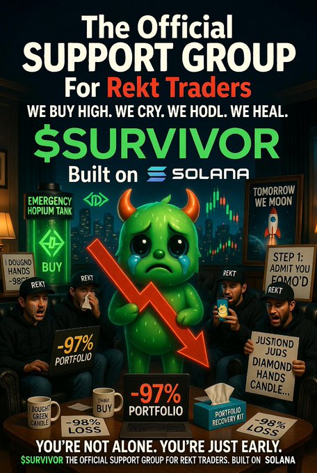A meme poster titled 'The Official SUPPORT GROUP For Rekt Traders' promoting '$SURVIVOR Built on Solana' with the slogan 'WE BUY HIGH. WE CRY. WE HODL. WE HEAL.' and 'YOU'RE NOT ALONE. YOU'RE JUST EARLY.'