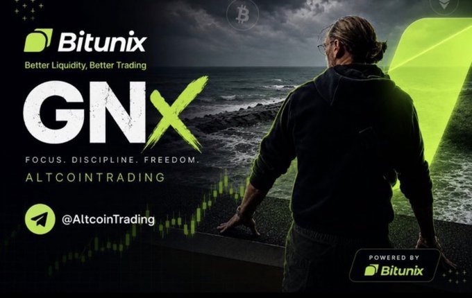 Promotional graphic for 'Bitunix GNX ALTCOINTRADING' with the tagline 'FOCUS. DISCIPLINE. FREEDOM.' and '@AltcoinTrading', featuring a man looking out at the ocean with a green chart overlay and 'POWERED BY Bitunix' badge.