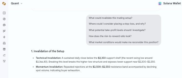 A screenshot of a Solana Wallet interface featuring a trading analysis chat with 'Quant' discussing setup invalidation, stop-loss placement, and profit levels for a trade around the $2,350 support shelf.