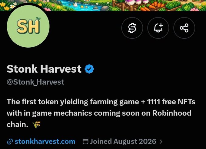 A Twitter/X profile for @Stonk_Harvest displays the "SH" logo and describes itself as "The first token yielding farming game + 1111 free NFTs with in game mechanics coming soon on Robinhood chain," aligning with the post's promotion of Stonk Harvest as an early investment opportunity with a demo version in development.