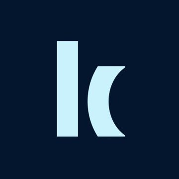 A minimalist logo featuring a stylized lowercase 'k' in light blue on a dark navy background.