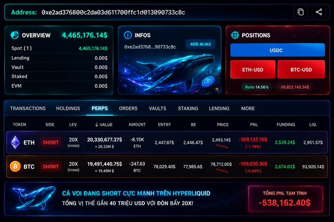 A cryptocurrency trading dashboard for wallet 0xe2ad376800c2da03d611700ffc1d013090733c8c showing an overview of 4,465,176.14$, perpetual positions (ETH-USD SHORT with -369,132.10$ PNL and BTC-USD SHORT with -169,030.30$ PNL), and a Vietnamese caption noting whale short positions on Hyperliquid with nearly 40 million USD.