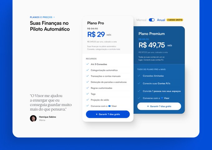 Pricing page in Portuguese for 'Plano Pro' (R$ 29/month) and 'Plano Premium' (R$ 49,75/month) with a testimonial from Henrique Sabino.