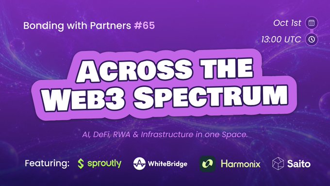 A purple promotional graphic titled 'ACROSS THE WEB3 SPECTRUM' advertises 'Bonding with Partners #65' on Oct 1st at 13:00 UTC, featuring brands sproutly, WhiteBridge, Harmonix, and Saito.