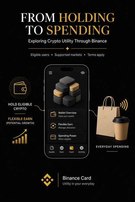 A Binance promotional graphic titled 'FROM HOLDING TO SPENDING' about exploring crypto utility, featuring a smartphone showing the Binance Card app interface alongside a shopping bag and coffee cup.