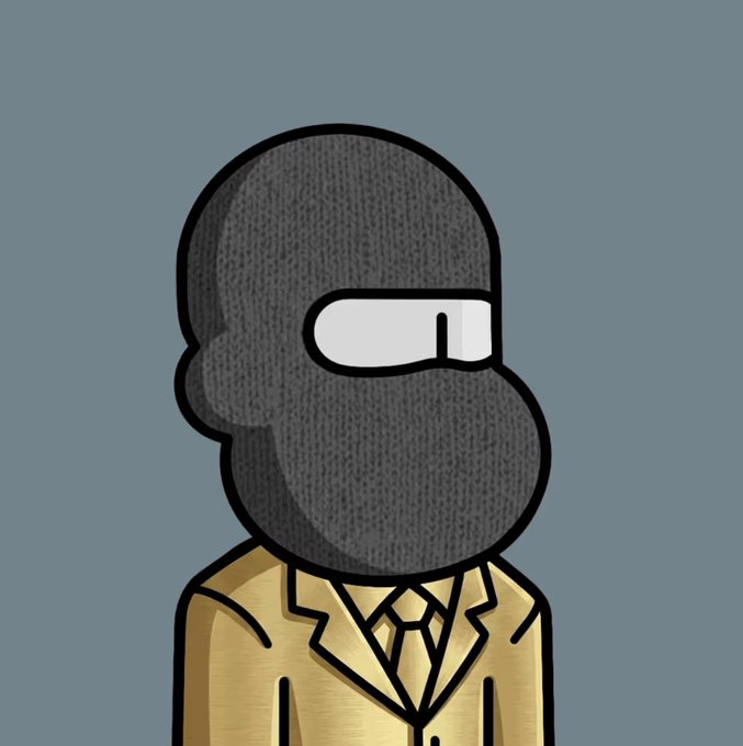 A cartoon illustration of a character with a large round dark gray head, white goggles, and a gold jacket with tie on a gray background.