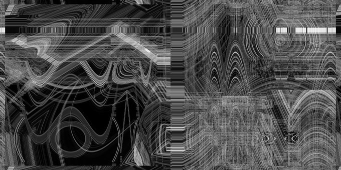 An abstract black and white image filled with distorted, wavy lines and digital glitch-like patterns.