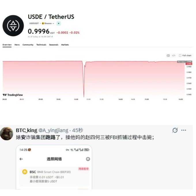 A cryptocurrency chart page showing USDE/TetherUS price at 0.9996 USDT (-0.02%), with a notable price dip visible on the chart, accompanied by a Chinese-language tweet about the incident.