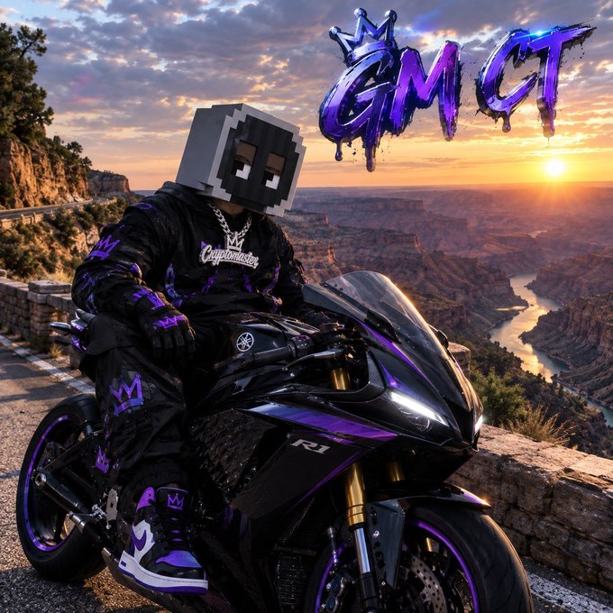 An image showing a person wearing a blocky helmet and a black tracksuit with purple patterns sitting on a black and purple motorcycle at a scenic overlook at sunset. The text "GM GT" is displayed in purple graffiti-style letters.