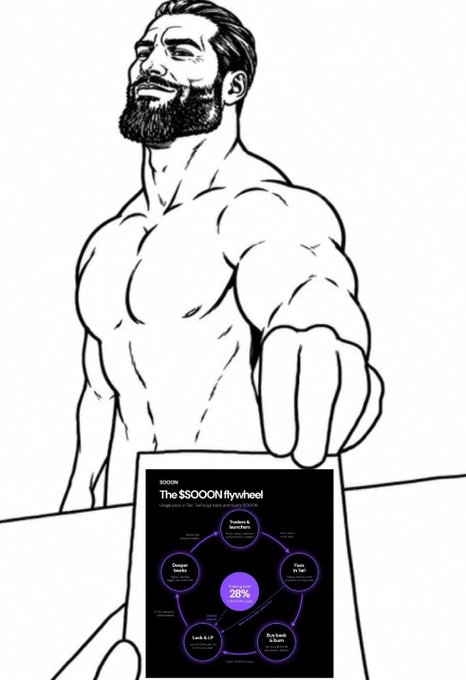 A black and white illustration of a muscular bearded man pointing at the viewer while holding a 'TOKENOMICS' document titled 'The $SOOON flywheel' showing 28% in the center circle.