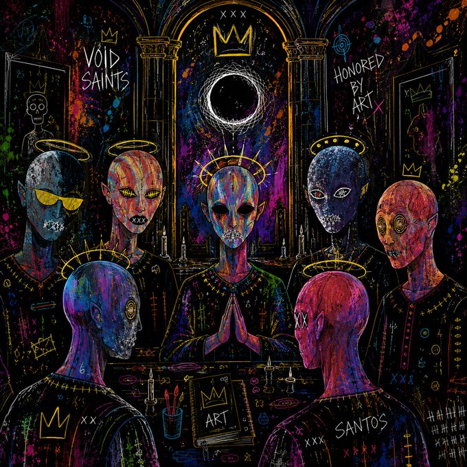 The image is a painting featuring six anthropomorphic figures sitting around a table with one of them having a crown on their head. A gold crown stands out prominently among these characters, making the scene seem regal and grand. The people are depicted as humans with various emotions displayed, suggesting an intense and complex narrative. The composition is rich in color, with vibrant hues that emphasize the artistic qualities of the image. It seems to be a lively depiction of people at a gathering or event, possibly a party or celebration, where everyone appears engaged and enjoying themselves.