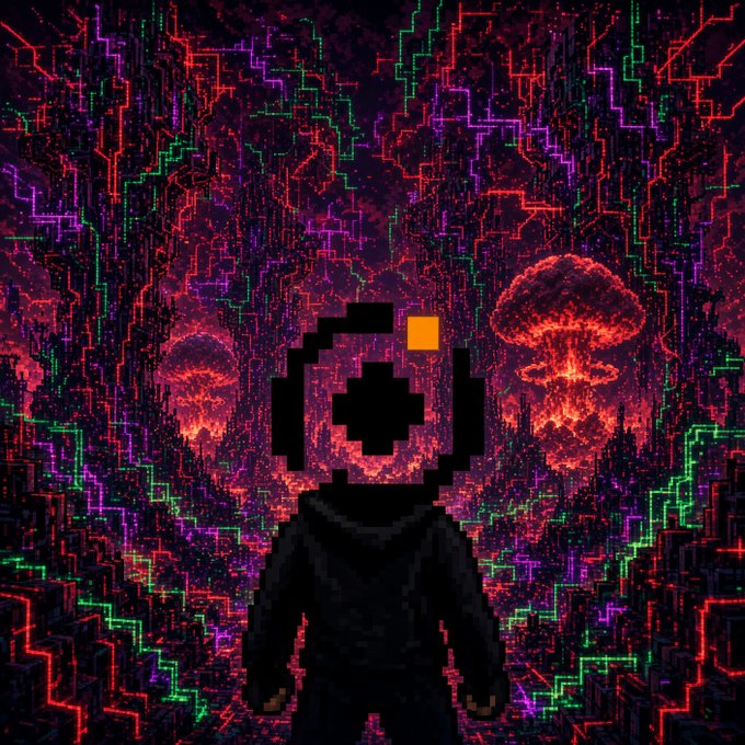 A pixelated figure with a cross-shaped head stands before a neon cityscape with glowing red mushroom explosions.