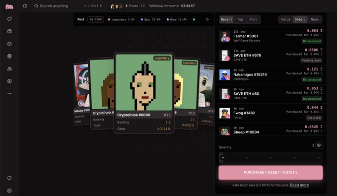 A screenshot of a marketplace interface called Punk 3, with 2,024 punks for sale, showing a 0.769 ETH bid accepted for CryptoPunk #6066 (Legendary 2.0%).