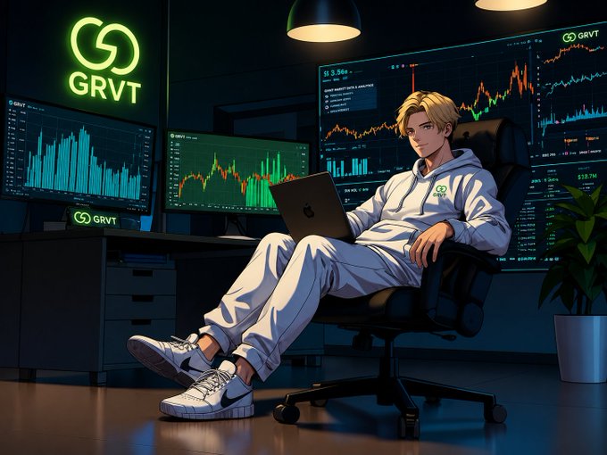 An anime-style trader in white GRVT-branded apparel sits at a desk with multiple monitors displaying crypto charts and trading data, with the prominent "GRVT" neon logo and ticker visible on screens showing price action and metrics.

The image visually reinforces the post's urgency around GRVT's Season 2 finale by depicting a confident trader surrounded by live market data and the project's branding, symbolizing both the on-chain infrastructure already in place and the active trading momentum building toward the June 30 snapshot.
