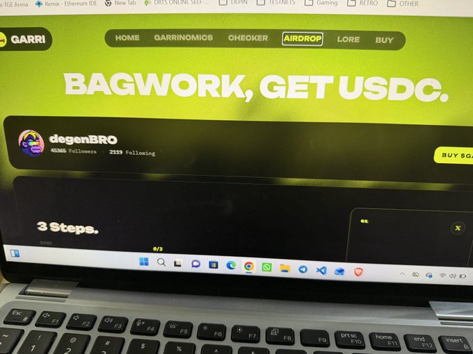 A laptop displays the GARRI website featuring a bright green banner with the headline "BAGWORK, GET USDC" and a highlighted "AIRDROP" tab, showcasing the @degenBRO account with 45,365 followers and 2,139 following. Below, a "3 Steps" section begins to outline the promotional campaign tied to the post, inviting users to hold $GARRI, create content, and rank up to earn rewards.