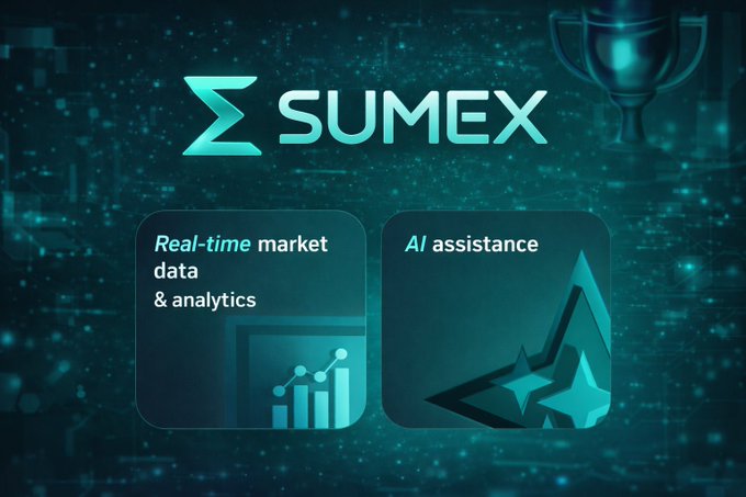 The image features a logo for Sumex, which is a company focused on real-time market data analysis and AI assistance. The text "E = SUMEX" is displayed above the logo, indicating that this is Sumex's name or brand. Below the logo, there are two squares of information about Sumex's services: one square provides details about their Real-Time Market Data Analysis service, while the other square explains how they provide AI assistance for managing onchain activity. The image also includes a small trophy in the background, which could be related to an event or competition associated with Sumex's work.